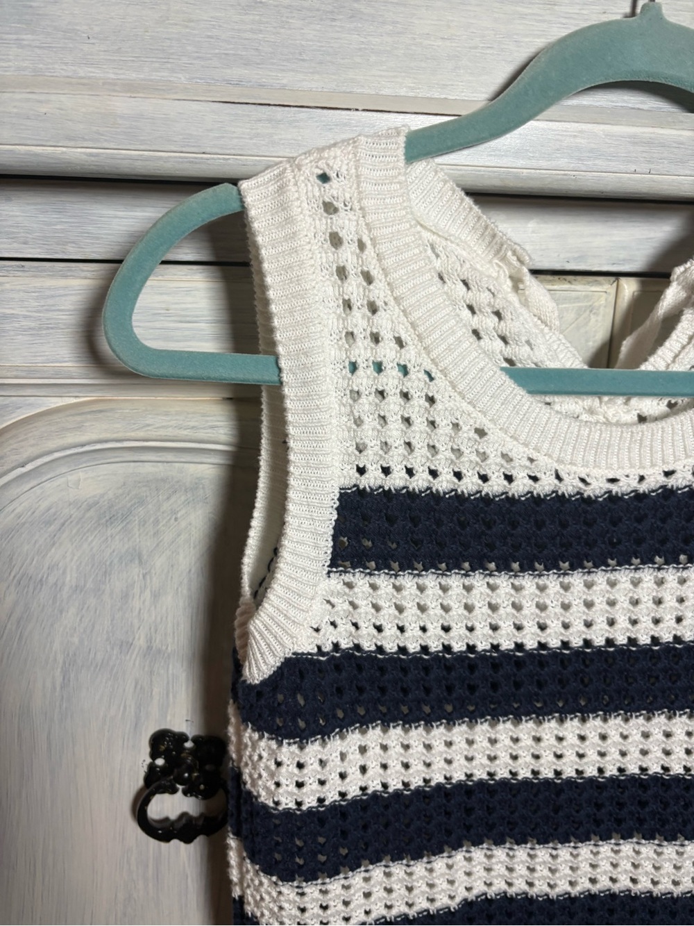 Navy White Stripe Open Knit Sweater Tank Coastal Preppy Beach Resort Nautical - Picture 3 of 7